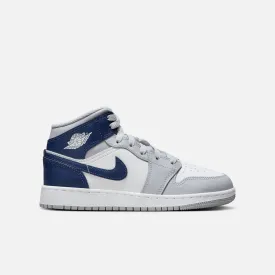 Air Jordan Big Kids' 1 Mid Wolf Grey Midnight Navy (GS)