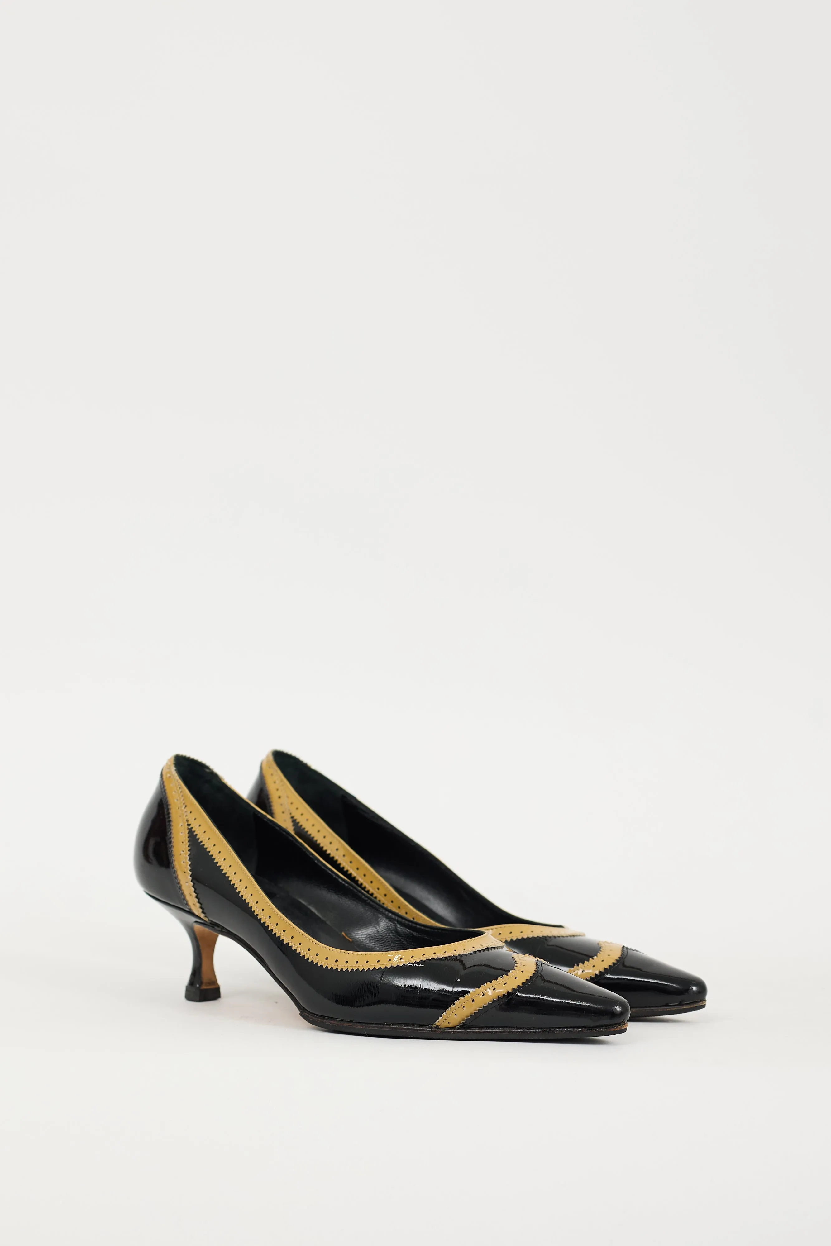 Black & Beige Patent Leather Brogue Heel