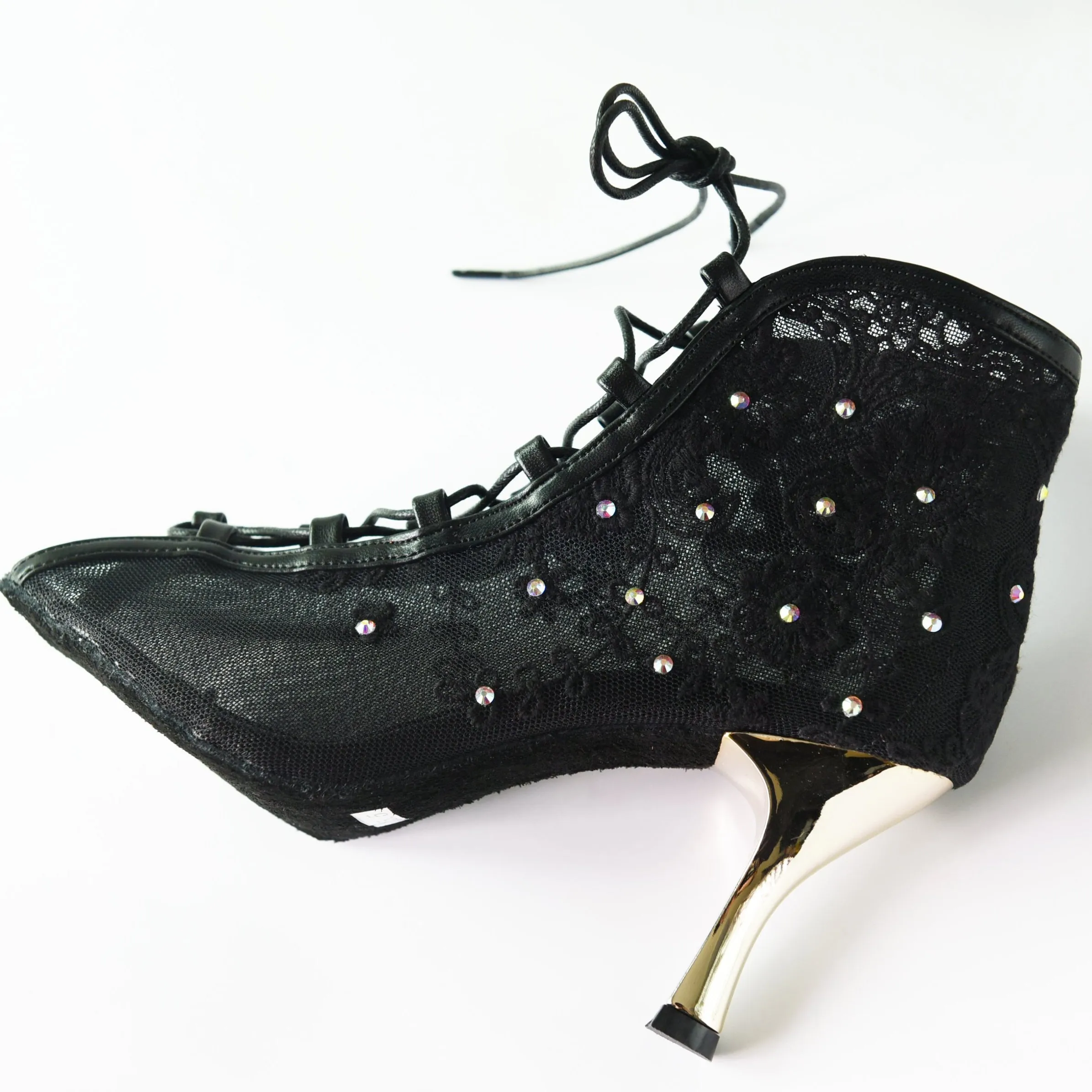 Black Rose Lace Up Dance Shoes Fashion Booties