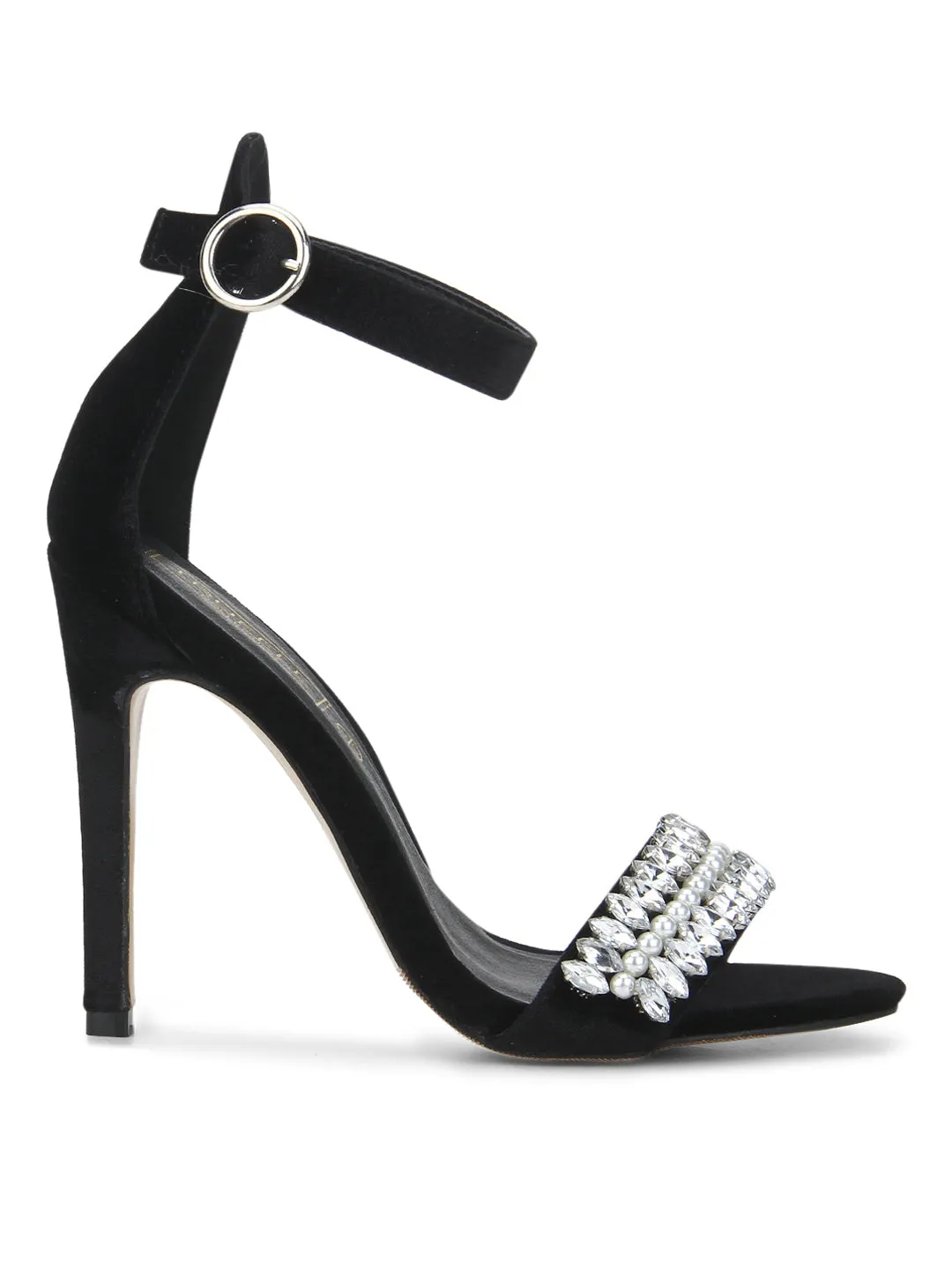 Black Velvet Diamante Ankle Strapped Stiletto Heels