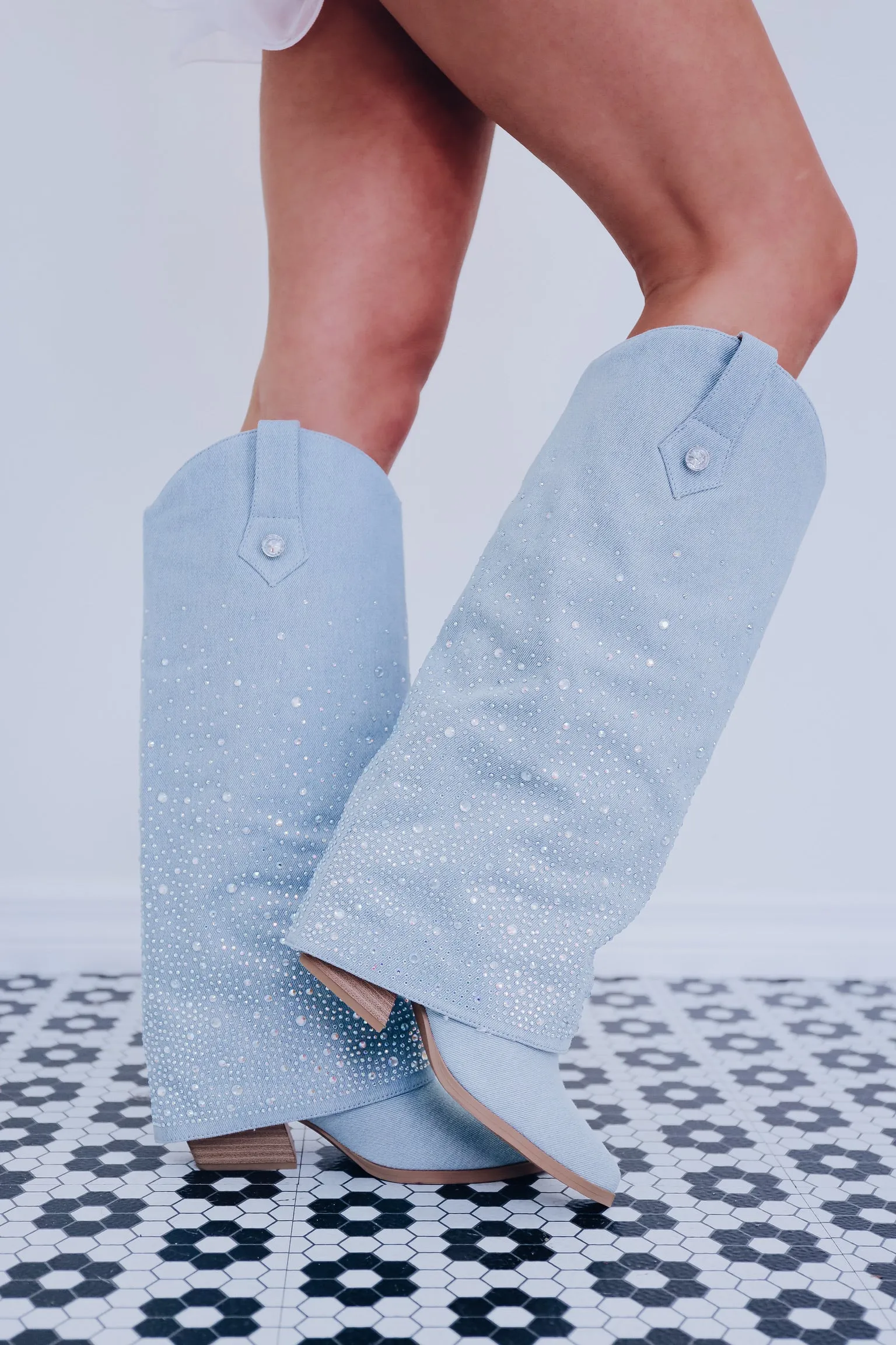 Dazzling Denim Crystal Slouch Boot