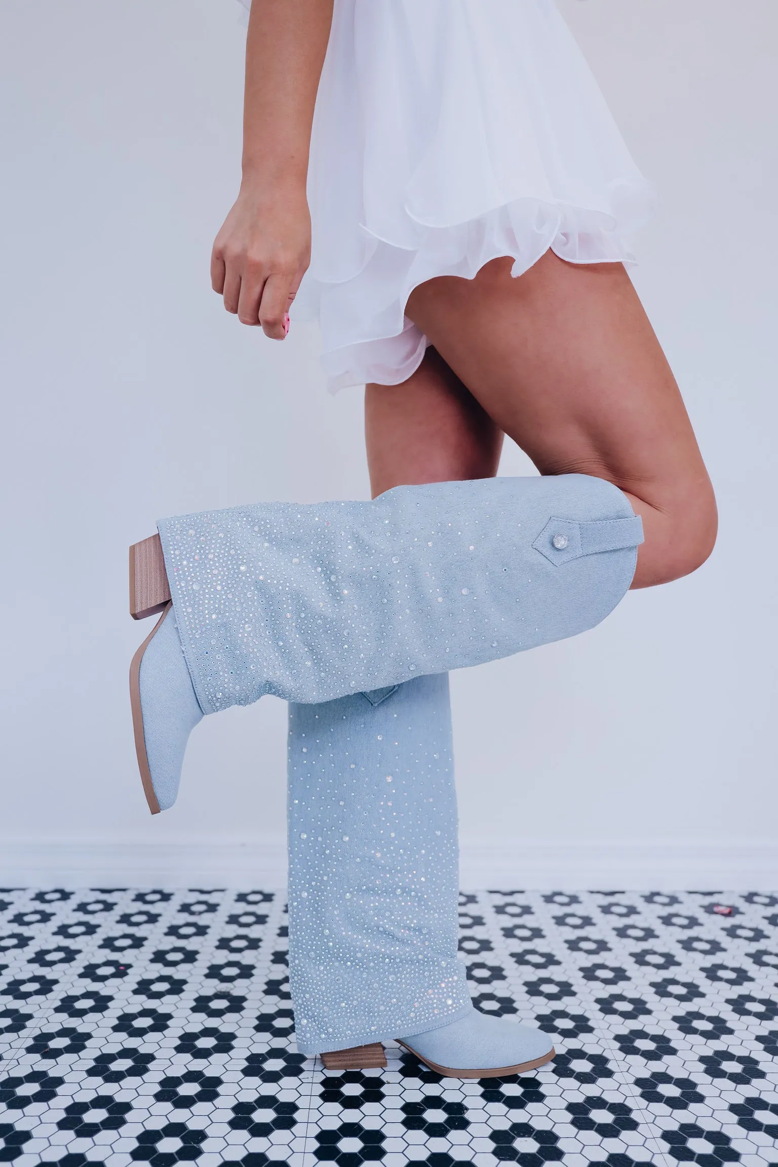 Dazzling Denim Crystal Slouch Boot