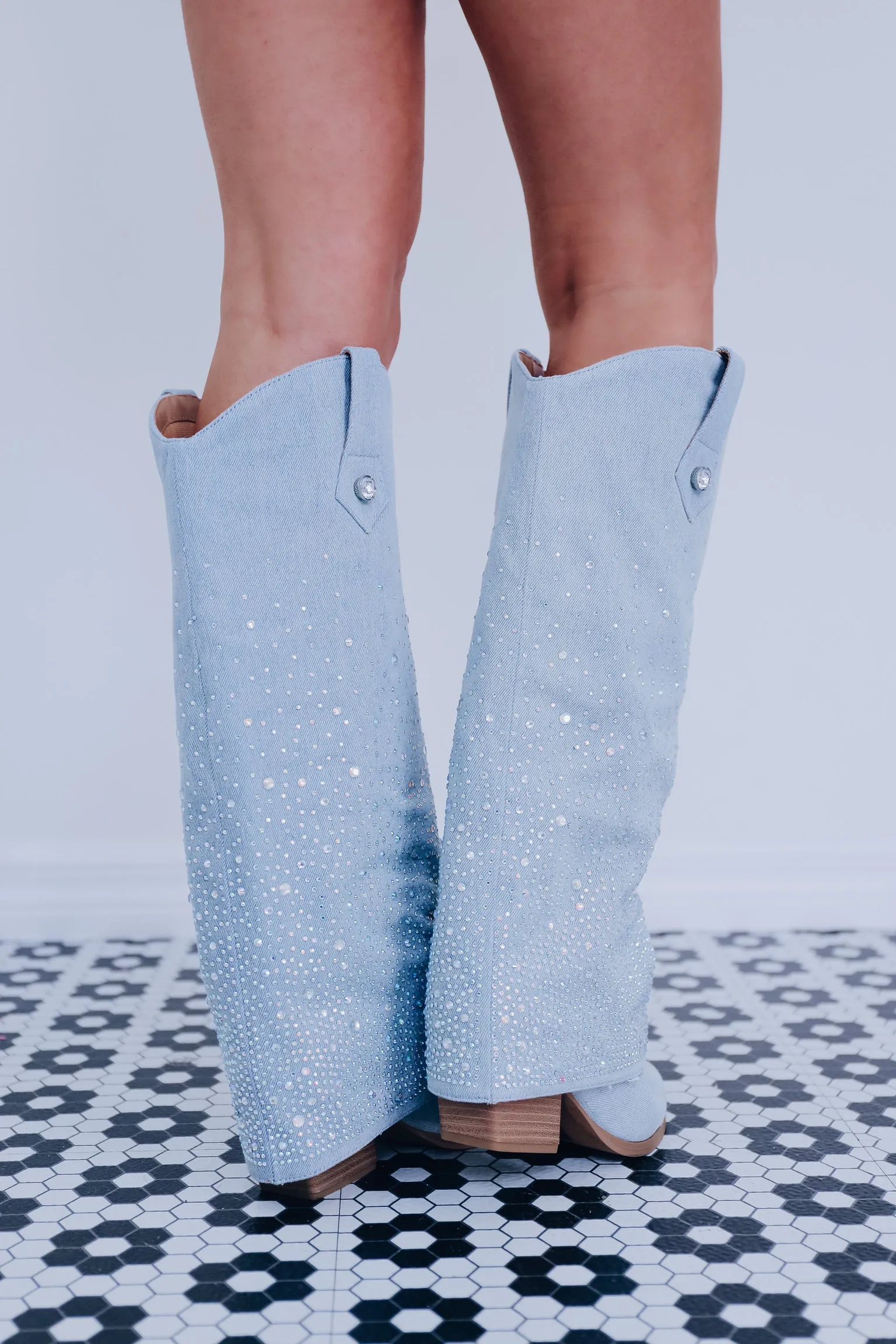 Dazzling Denim Crystal Slouch Boot