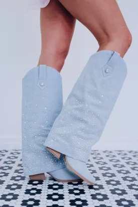 Dazzling Denim Crystal Slouch Boot