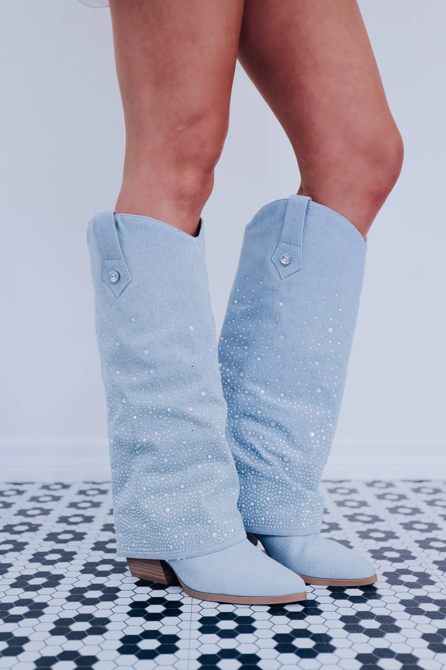 Dazzling Denim Crystal Slouch Boot