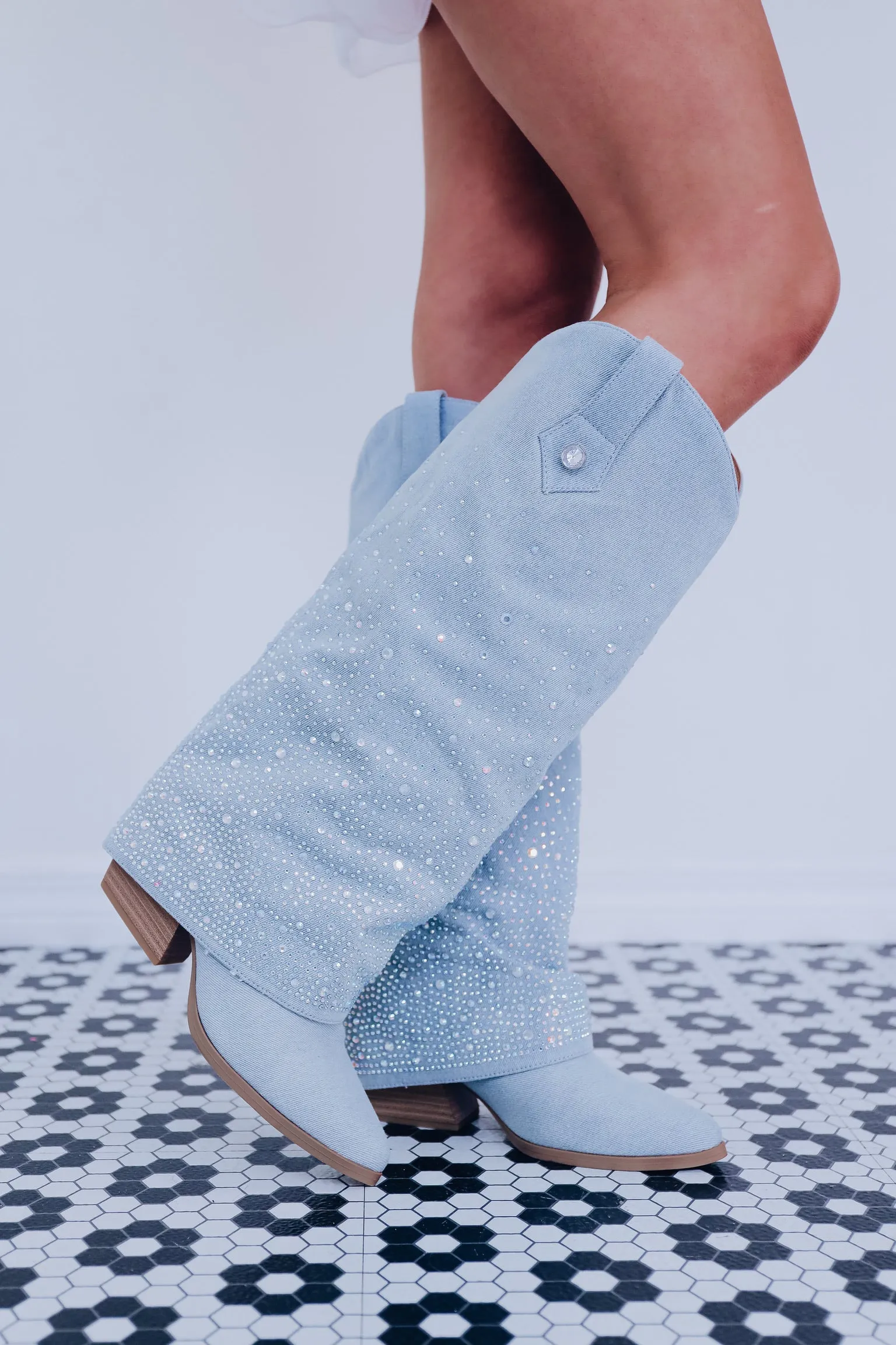 Dazzling Denim Crystal Slouch Boot