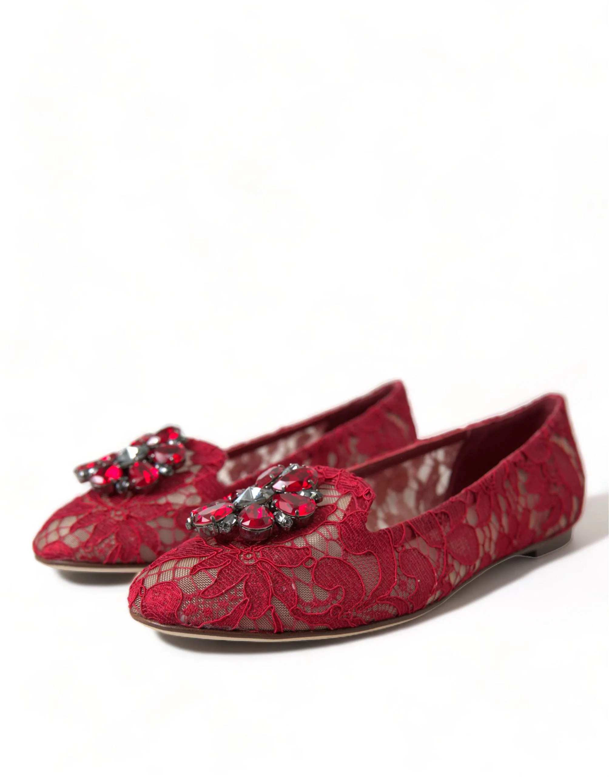 Dolce & Gabbana Red Vally Taormina Lace Crystals Flats Shoes