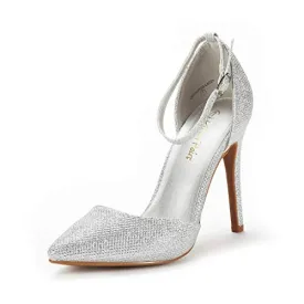 DREAM PAIRS Women's Pointed Toe Ankle Strap High Heels Pumps Dress Court Shoes Oppointed-Lacey Silver Glitter