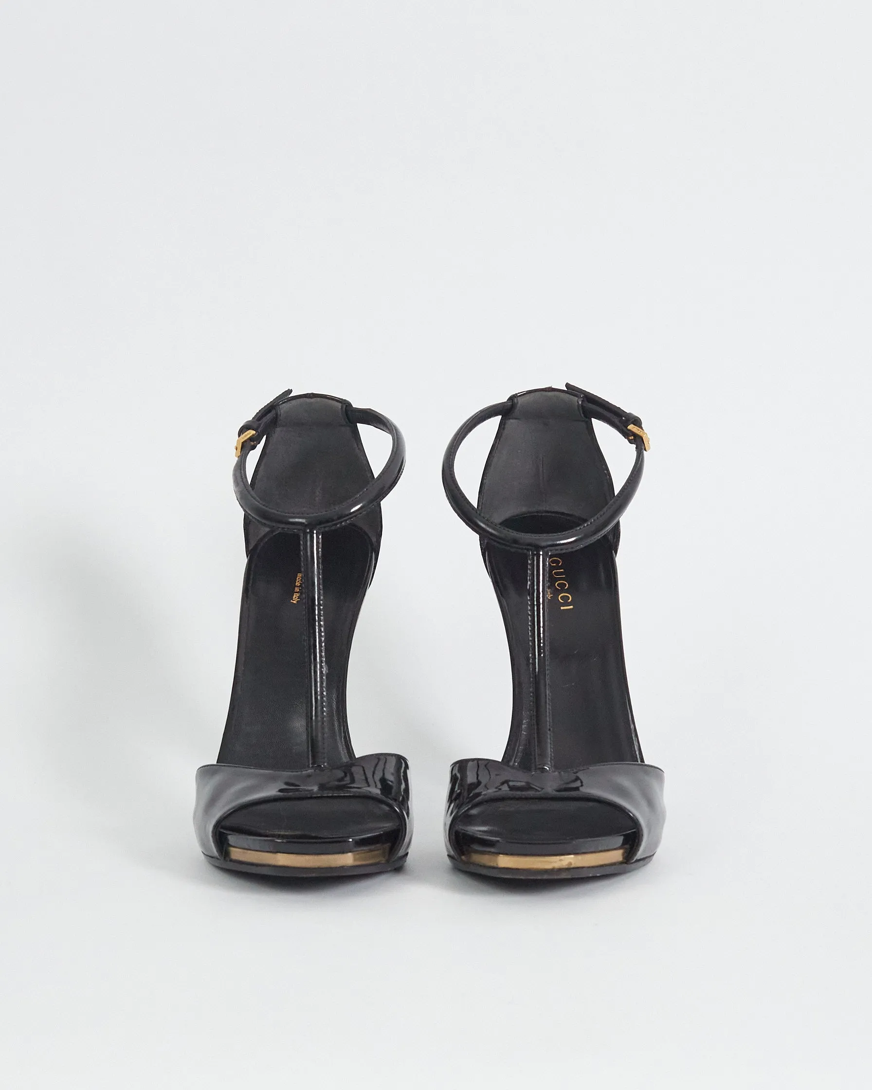 Gucci patent t-bar stacked heels, black, 37.5