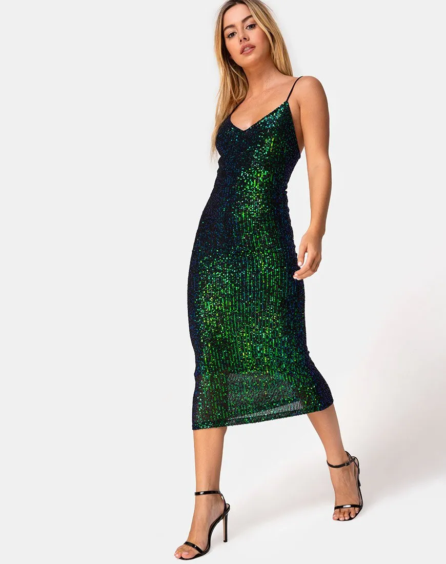 Humia Midi Dress in Drape Net Sequin Iridescent Green