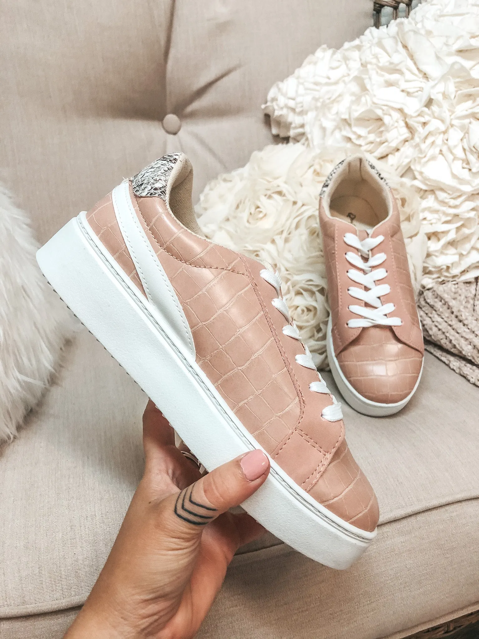 Last Chance Size 6, 6.5, & 7 | Can't Stay Away Crocodile Sneakers with Snakeskin Heel Patch in Blush Nude