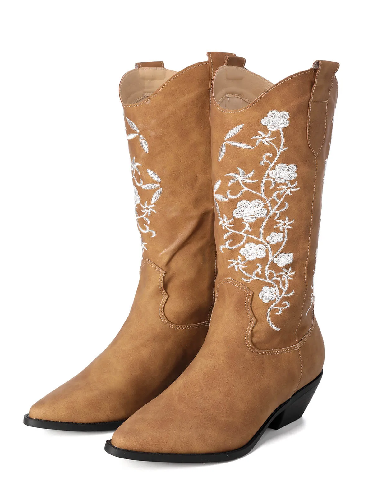 Latest Embroidered Flower Leather Cowboy Boots