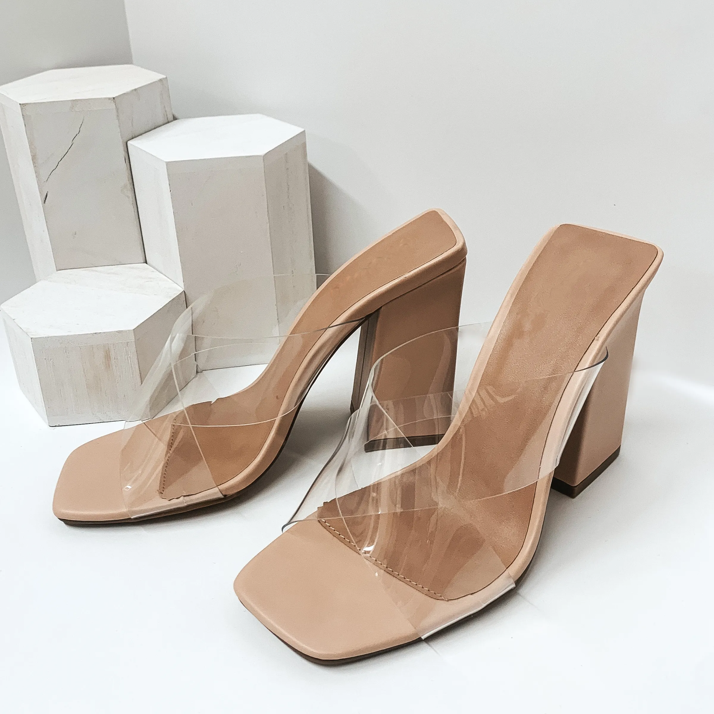 Online Exclusive | High Hopes Clear Criss Cross Block Heels in Nude