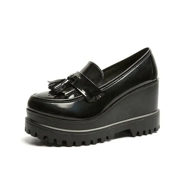 Patent Leather Tassels Women Creepers Platform Casual High Heels