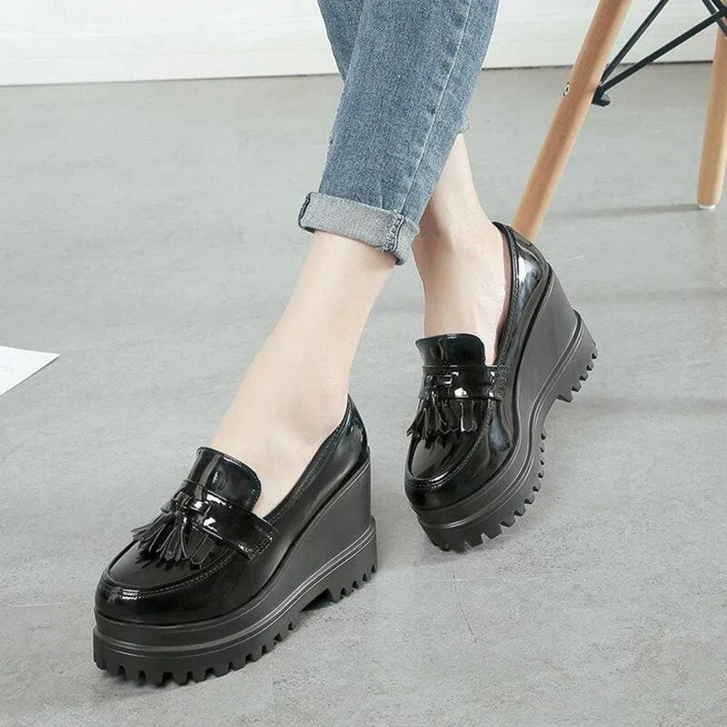 Patent Leather Tassels Women Creepers Platform Casual High Heels