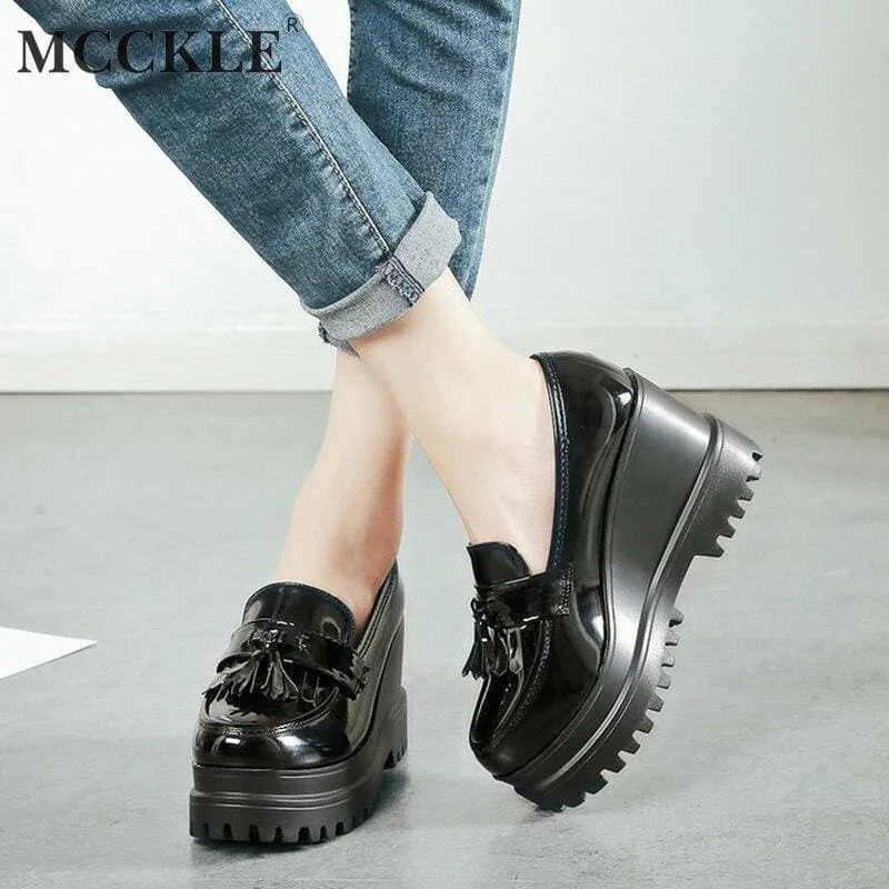 Patent Leather Tassels Women Creepers Platform Casual High Heels