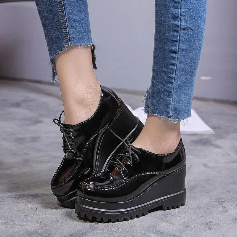 Patent Leather Tassels Women Creepers Platform Casual High Heels