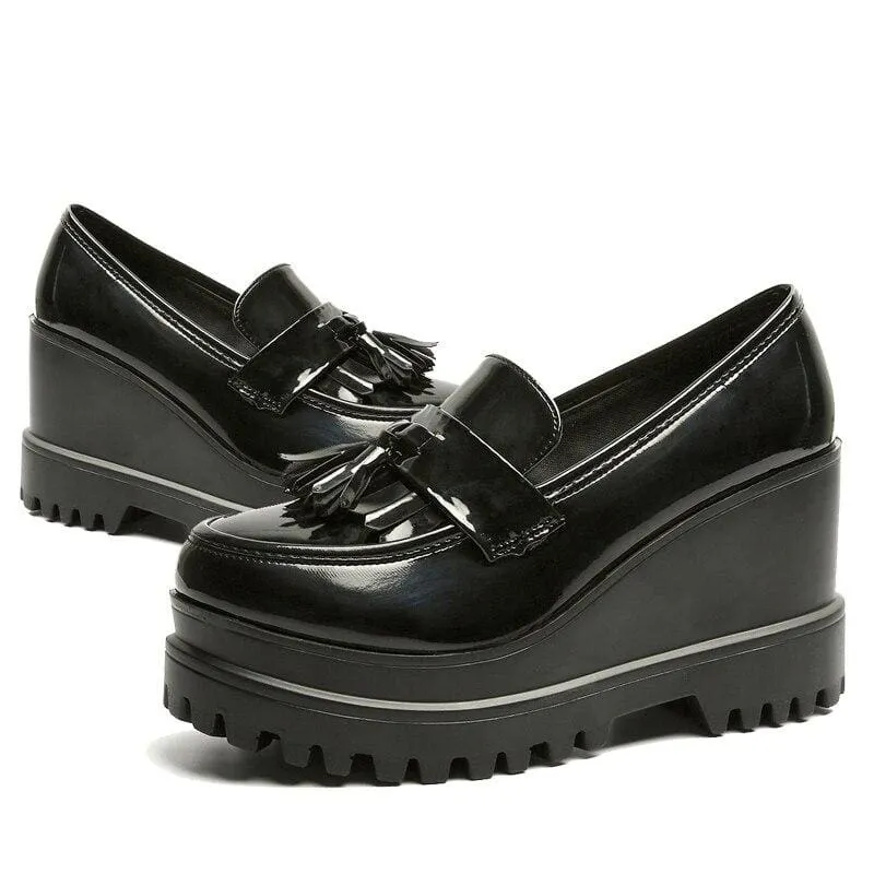 Patent Leather Tassels Women Creepers Platform Casual High Heels