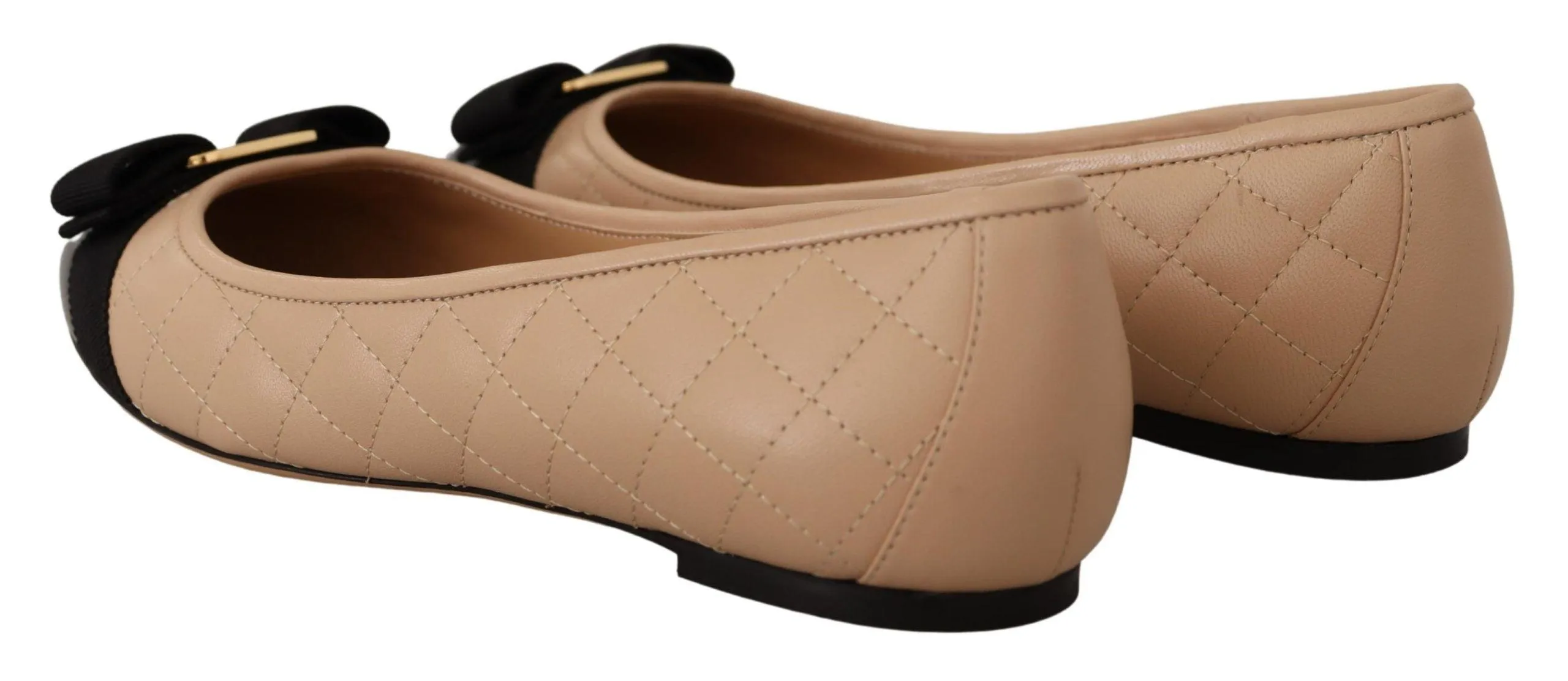 Salvatore Ferragamo Beige and Black Nappa Leather Ballet Flat Shoes