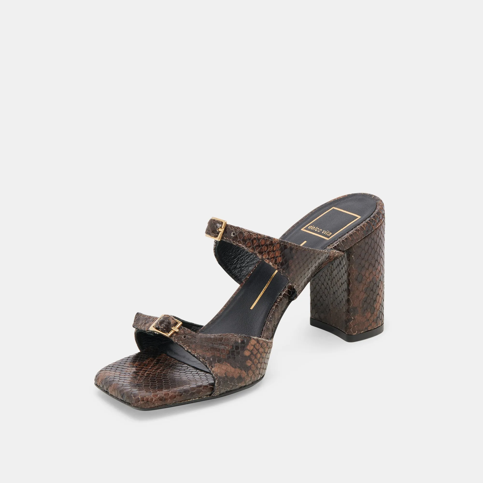 SHANE HEELS DK BROWN SNAKE EMBOSSED