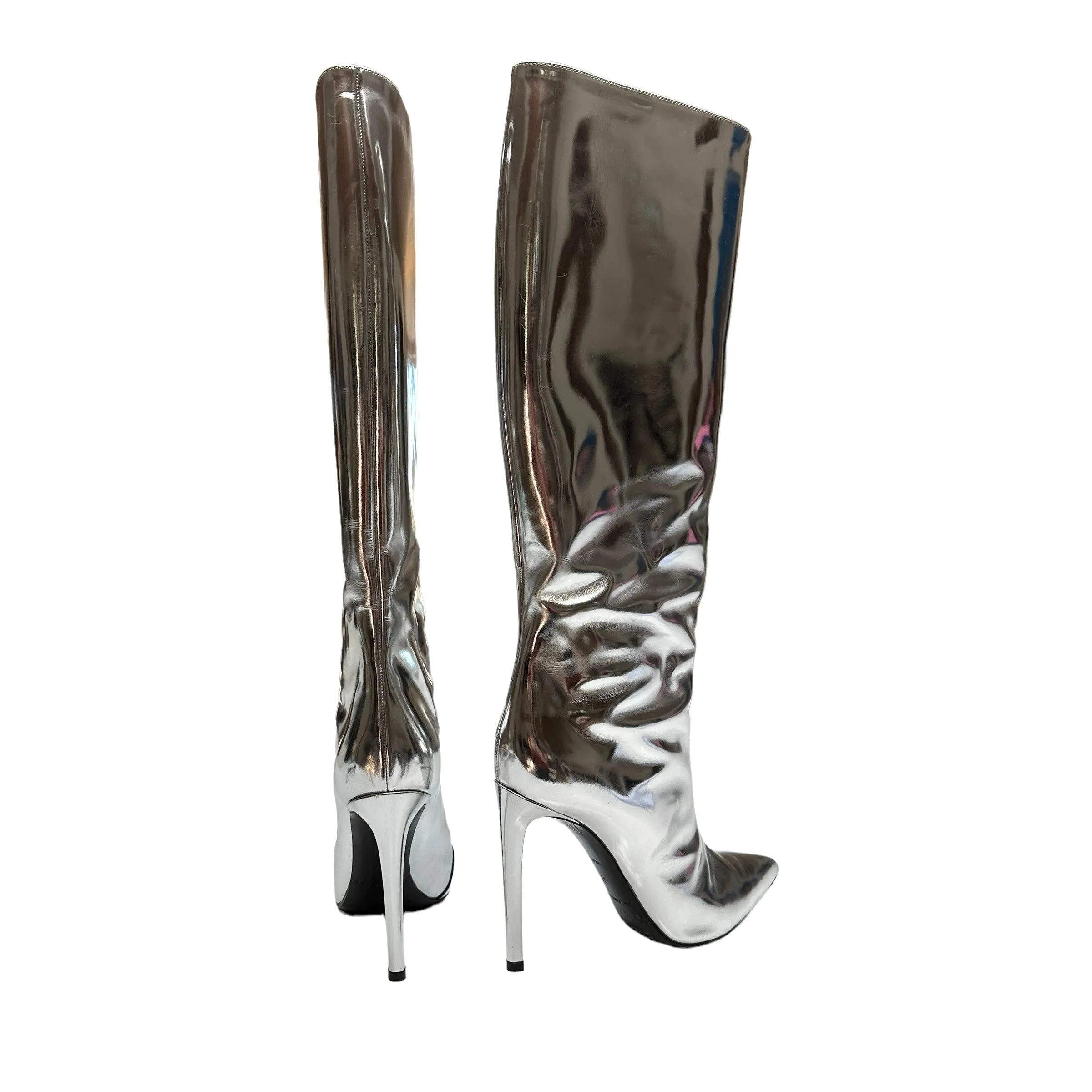 Silver Leather Tall Heeled Boots - 7