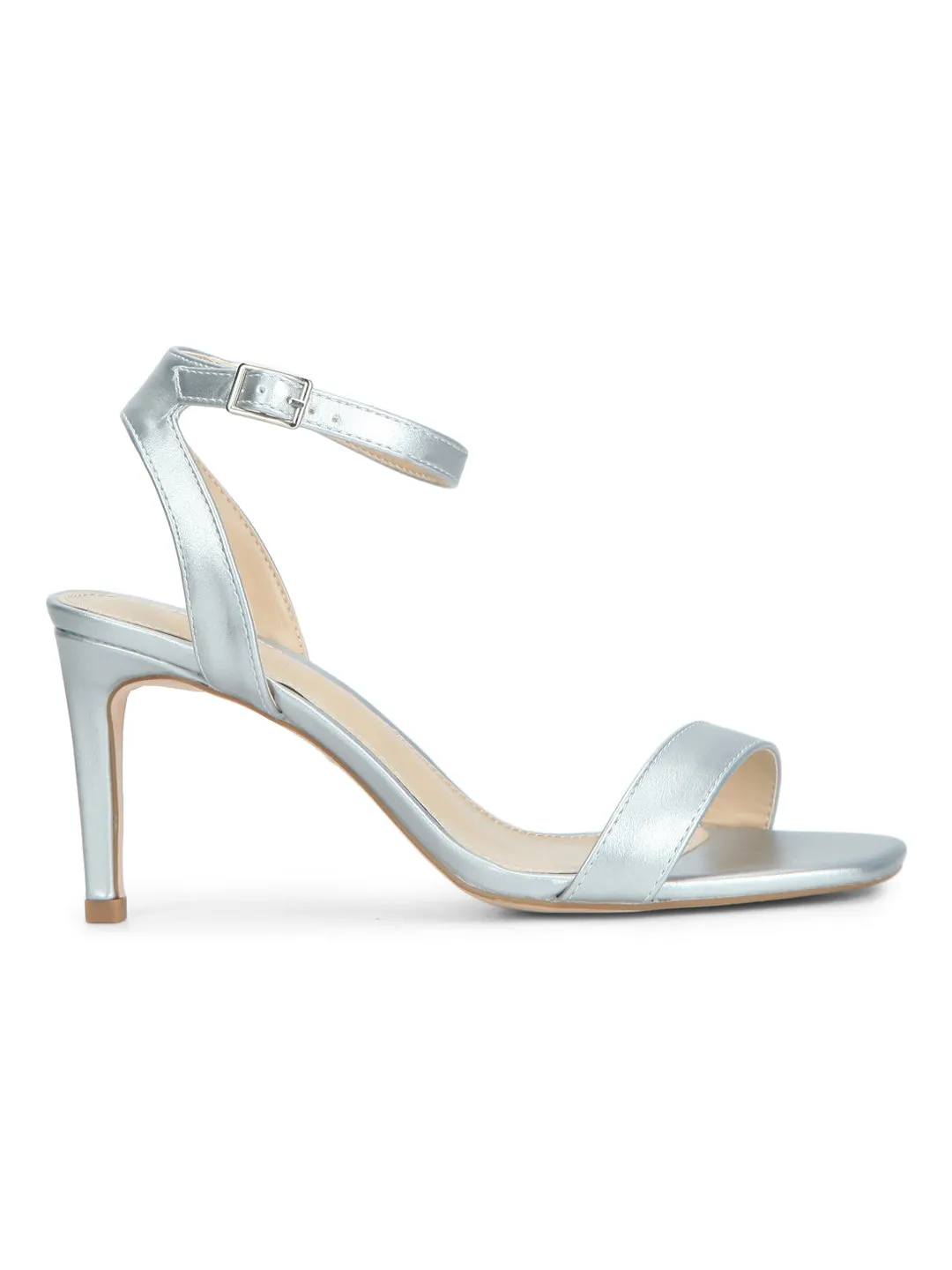 Silver PU Thin Ankle Strap Stilettos