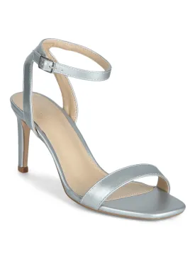 Silver PU Thin Ankle Strap Stilettos