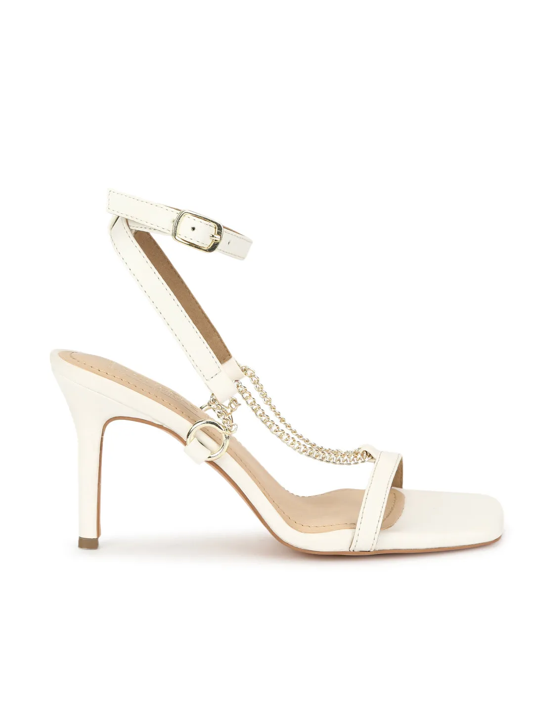 White PU Gold Chained Strappy Stilettos