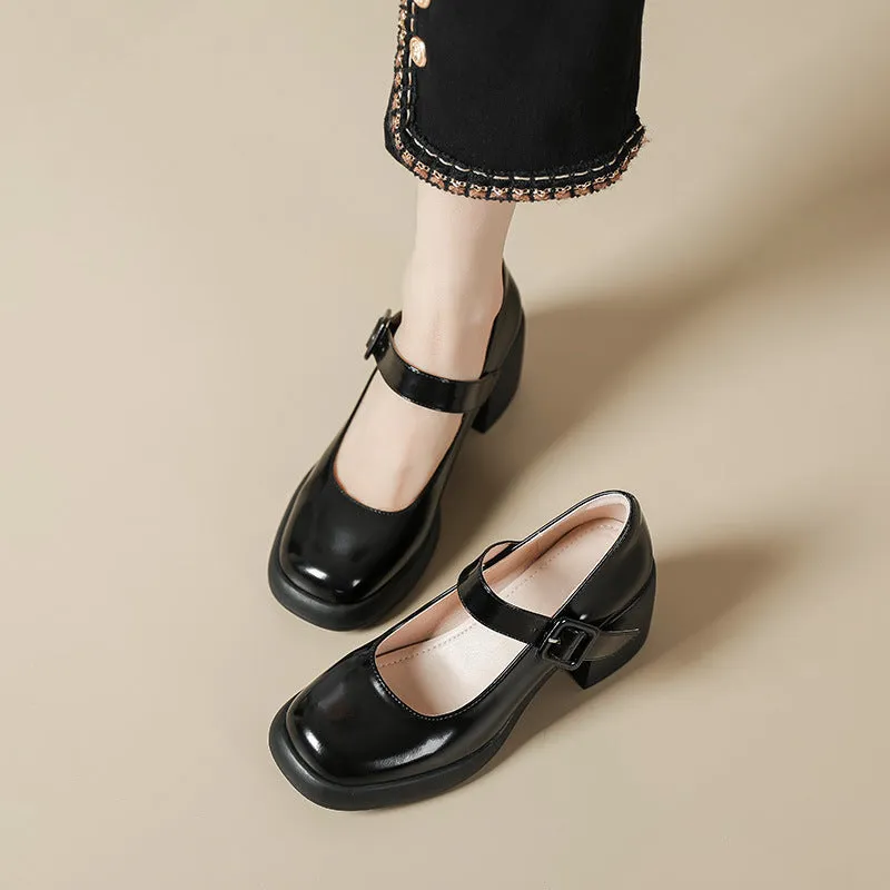 Women Casual Leather Chunky Heel Mary Jane Shoes