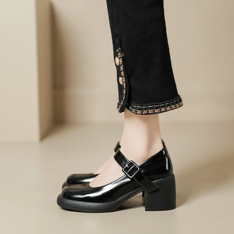 Women Casual Leather Chunky Heel Mary Jane Shoes