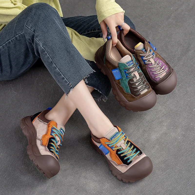 Women Color Matching Leather Thick Soled Casual Shoes