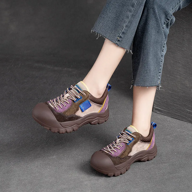 Women Color Matching Leather Thick Soled Casual Shoes