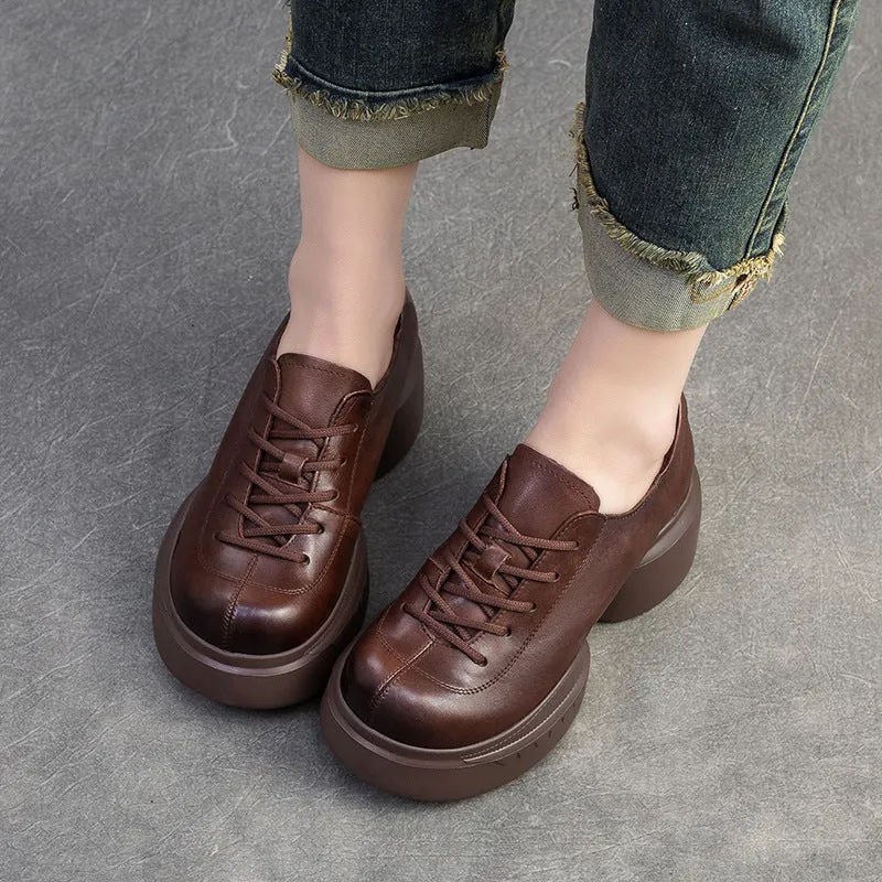 Women Minimalist Solid Leather Chunky Platform Casual Shoes