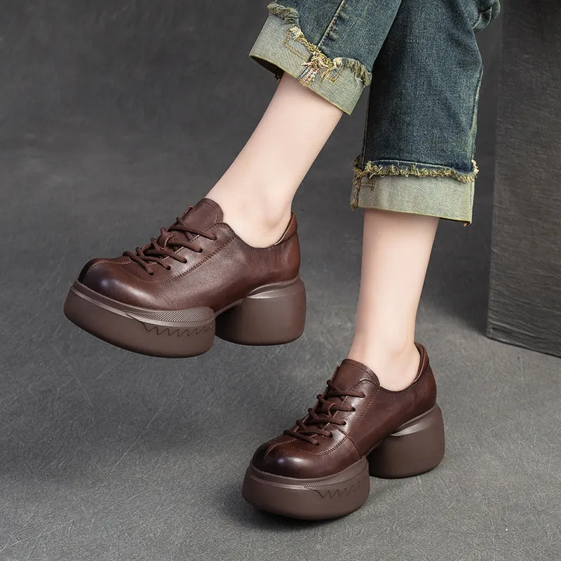 Women Minimalist Solid Leather Chunky Platform Casual Shoes