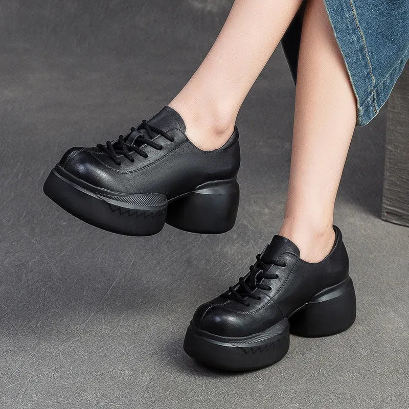 Women Minimalist Solid Leather Chunky Platform Casual Shoes