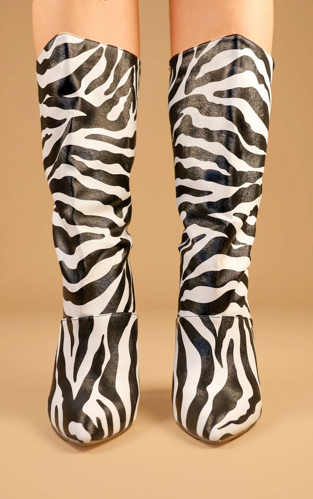 Zebra Printed PU Leather Mid Calf High Stiletto Heel Boots