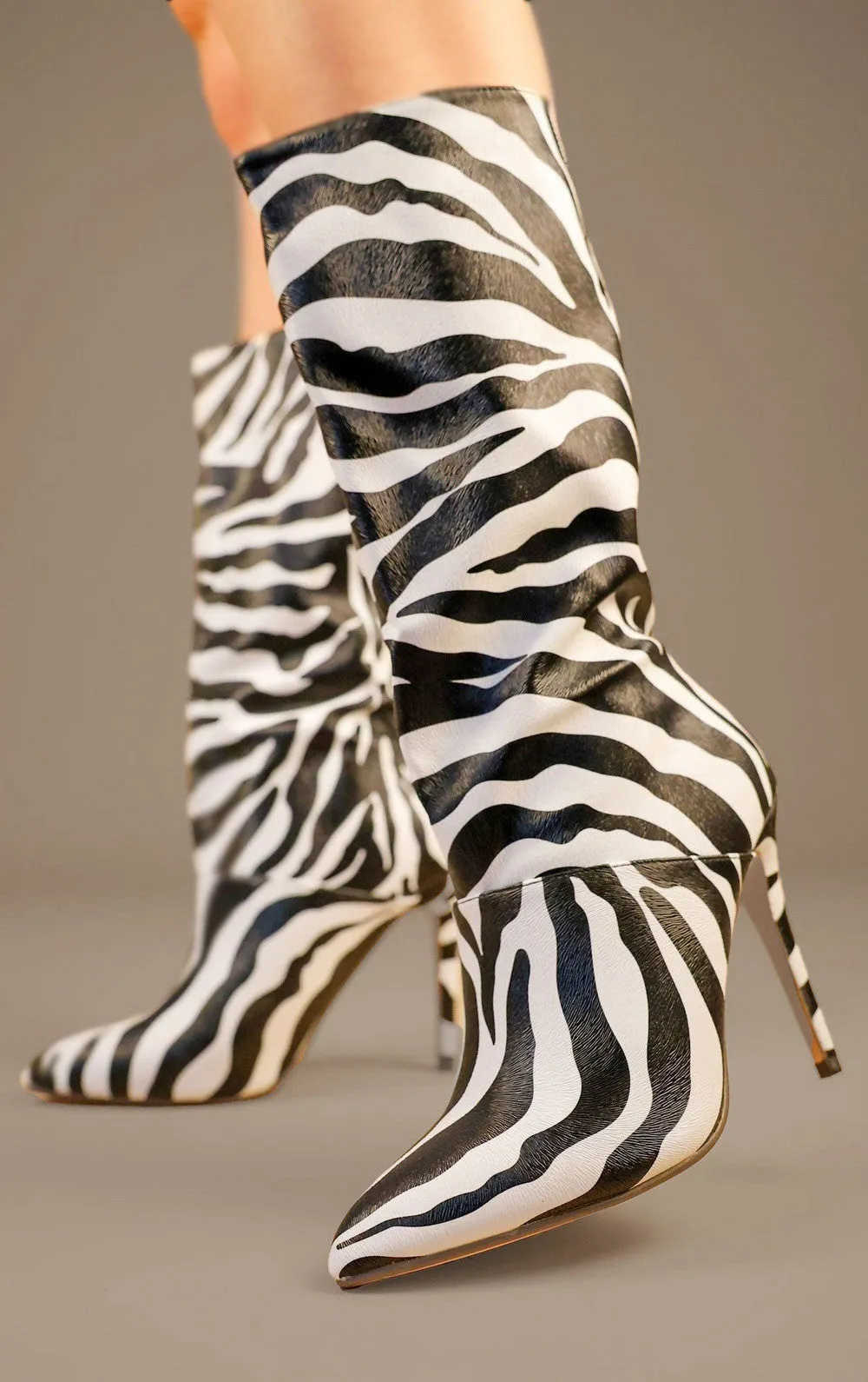 Zebra Printed PU Leather Mid Calf High Stiletto Heel Boots